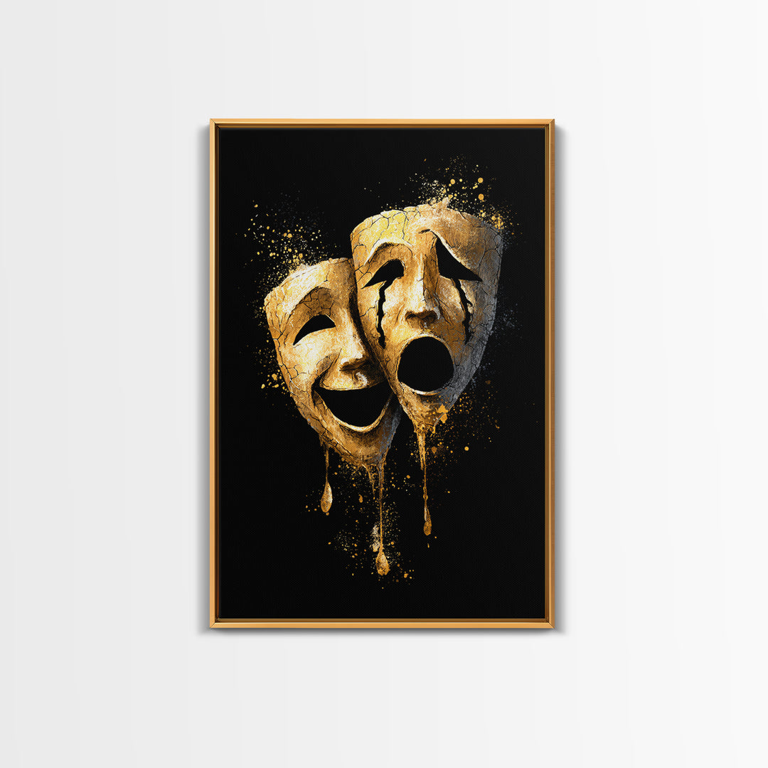 Melting Comedy and Tragedy Masks Canvas Gold Canvas Print – Emotional Theater Wall Art with Real Wood Frame