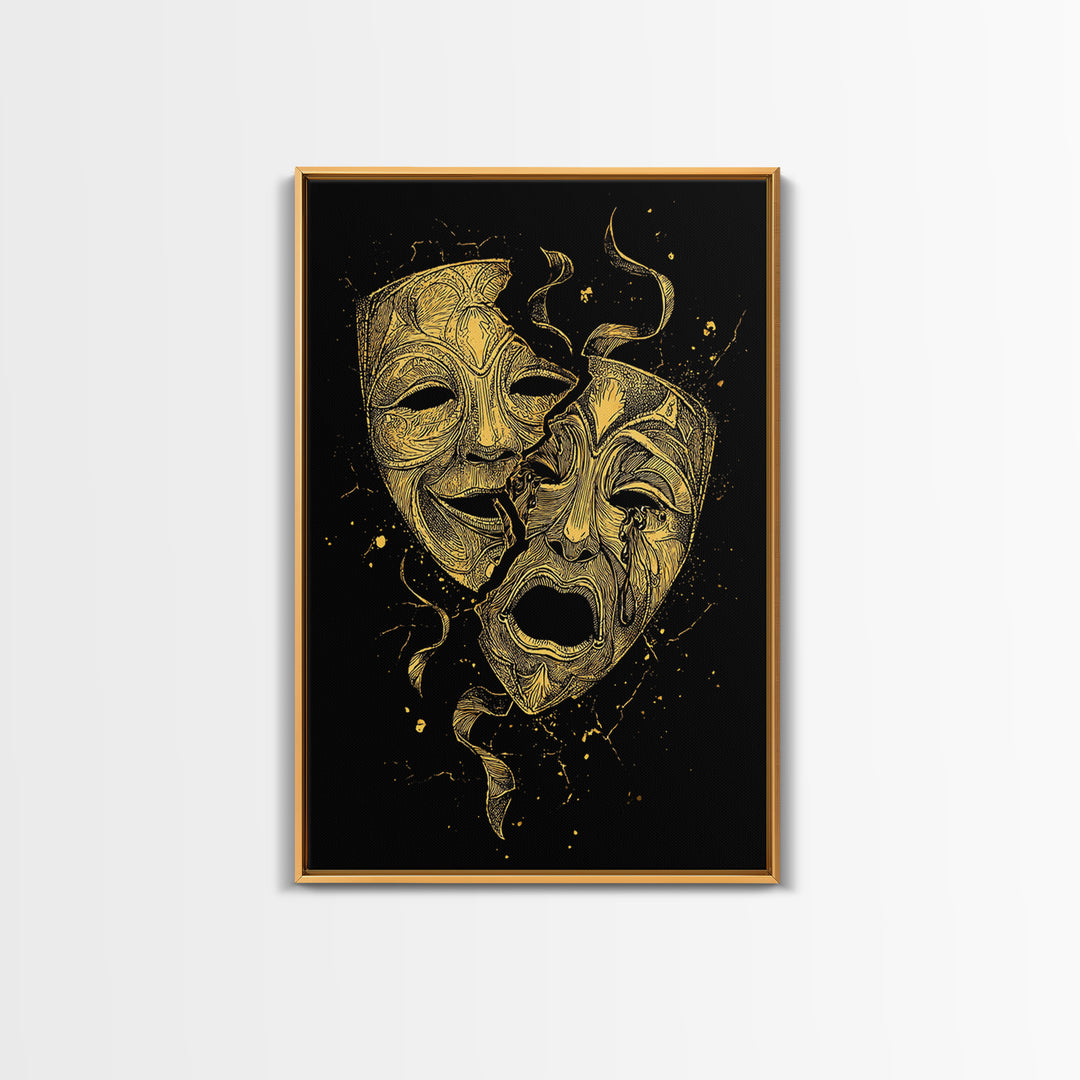 Broken Comedy and Tragedy Masks Canvas Gold Canvas Print – Dramatic Greek Theater Wall Art with Real Wood Frame