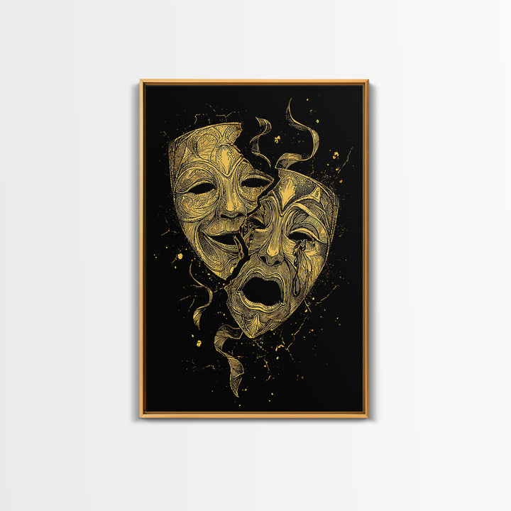 Broken Comedy and Tragedy Masks Canvas Gold Canvas Print – Dramatic Greek Theater Wall Art with Real Wood Frame