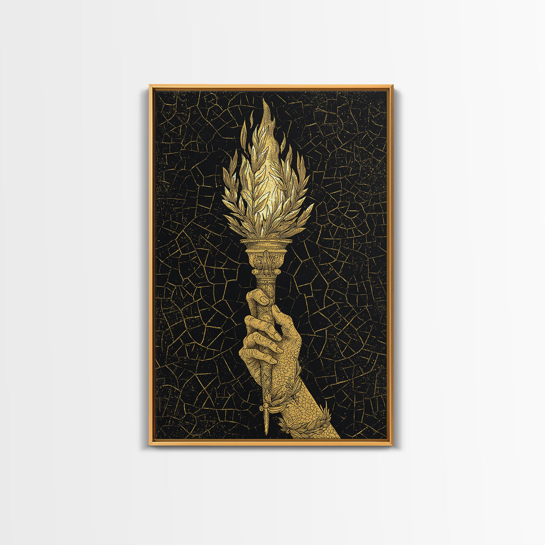 Olympic Flame Hand Holding Torch Canvas Gold Canvas Print – Classical Greek Inspired Wall Art with Real Wood Frame