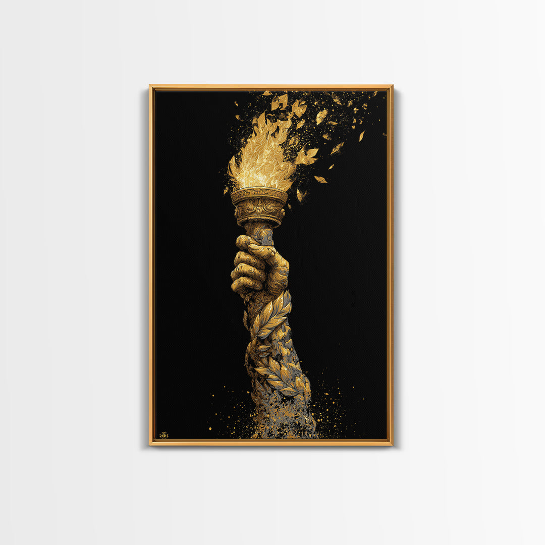 Flaming Laurel Torch Canvas Gold Canvas Print – Ancient Greek Victory Symbol Wall Art with Real Wood Frame