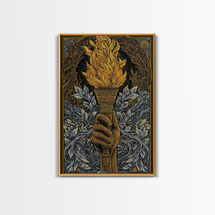 Mythic Laurel Torch Canvas Gold Canvas Print – Intricate Greek Style Wall Art with Real Wood Frame
