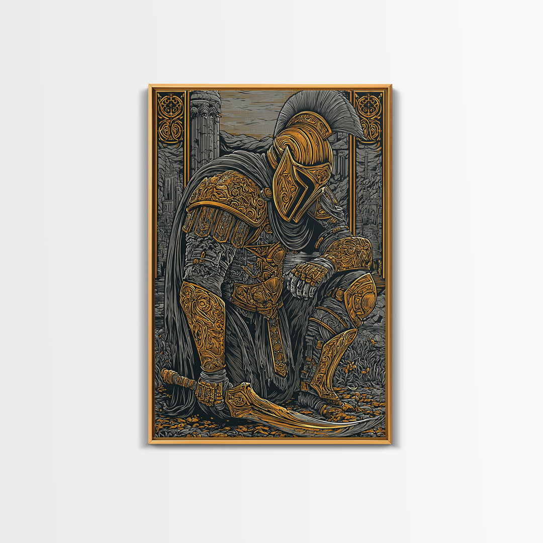 Kneeling Spartan Warrior Canvas Gold Canvas Print – Ancient Greek Hoplite Wall Art with Real Wood Frame