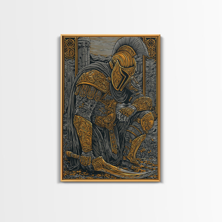 Kneeling Spartan Warrior Canvas Gold Canvas Print – Ancient Greek Hoplite Wall Art with Real Wood Frame
