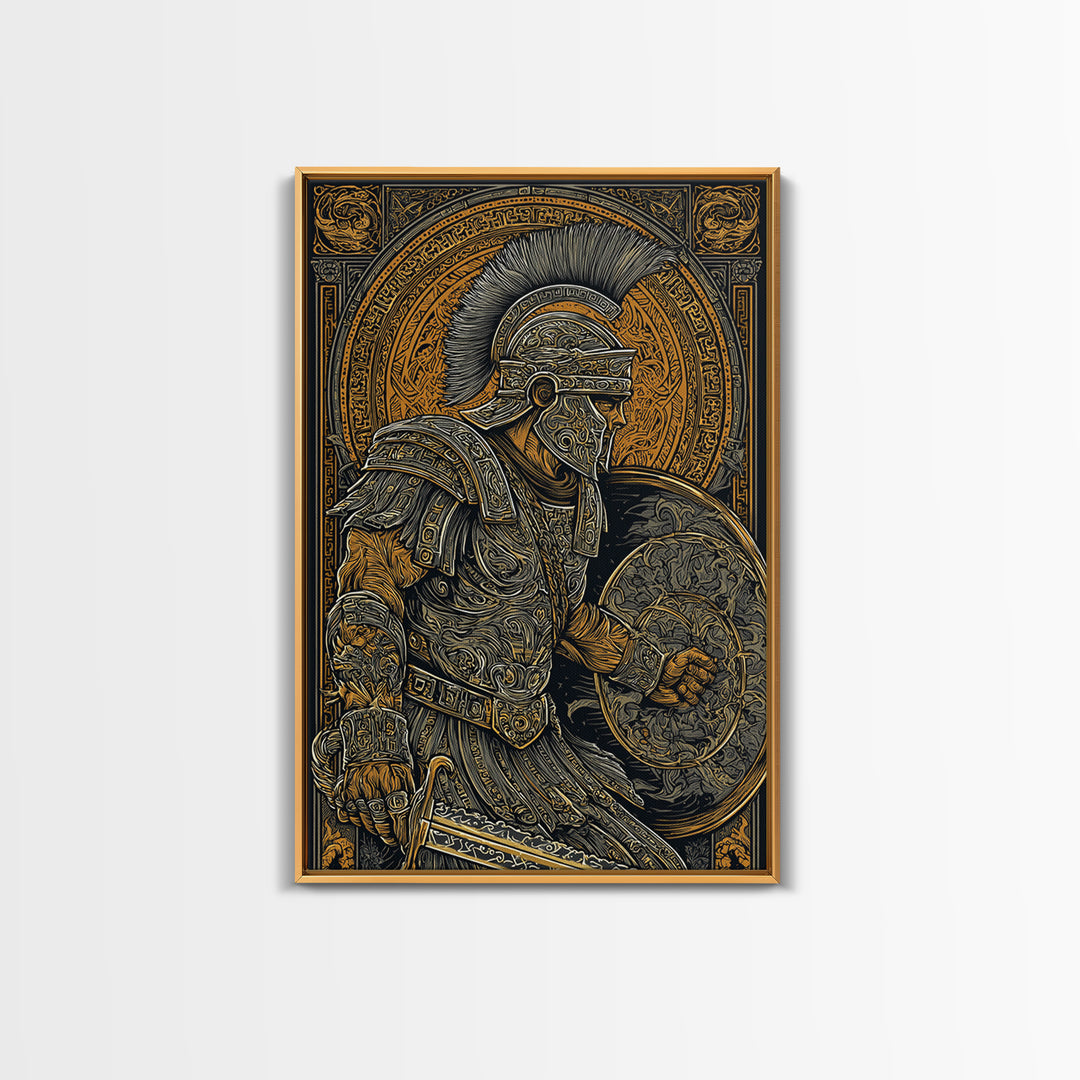 Charging Spartan Warrior Canvas Gold Canvas Print – Ancient Greek Hoplite Wall Art with Real Wood Frame