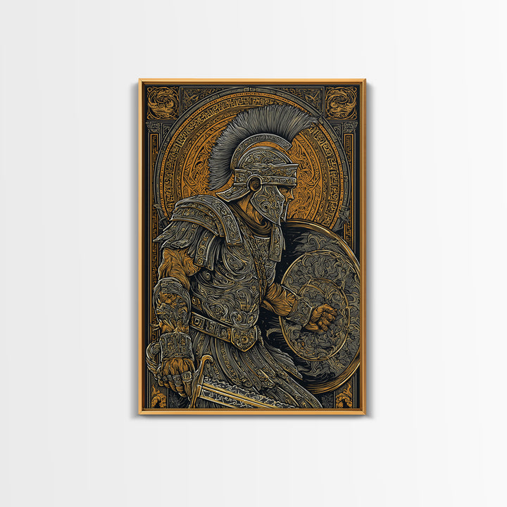 Charging Spartan Warrior Canvas Gold Canvas Print – Ancient Greek Hoplite Wall Art with Real Wood Frame