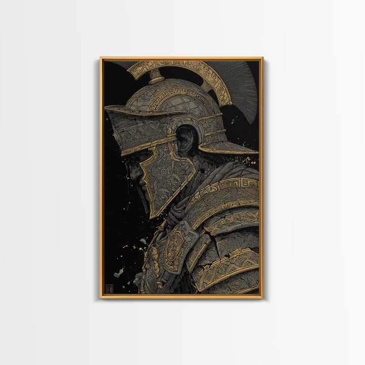 Profile Spartan Warrior Helmet Canvas Gold Canvas Print – Ancient Greek Hoplite Wall Art with Real Wood Frame