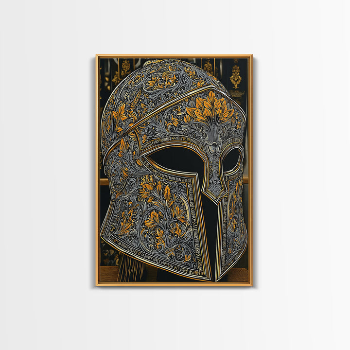 Floral Spartan Helmet with Golden Leaf Engraving – Canvas Gold Art, Real Wood Framed Canvas Art, Classic Warrior Helmet Wall Decor
