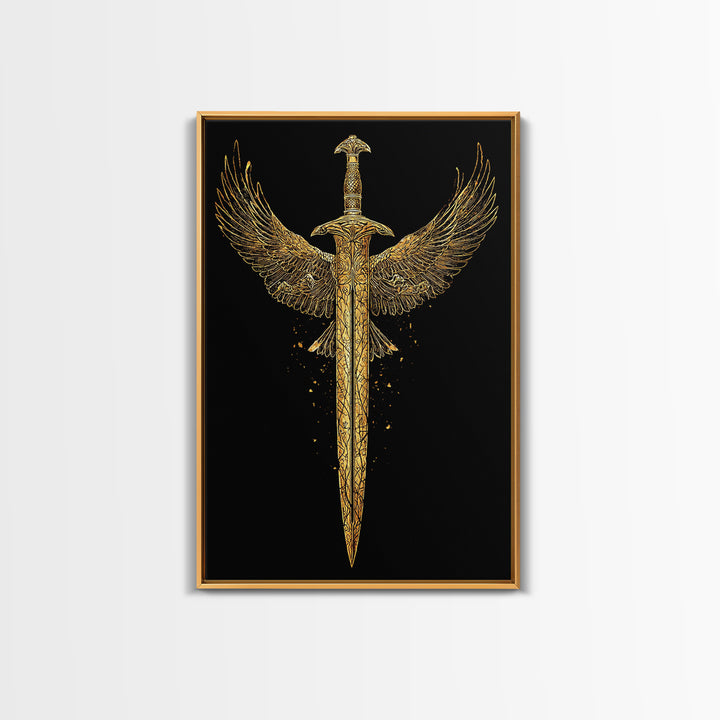Winged Sword Canvas Gold Canvas Print – Mythical Fantasy Weapon Wall Art with Real Wood Frame for Home Decor