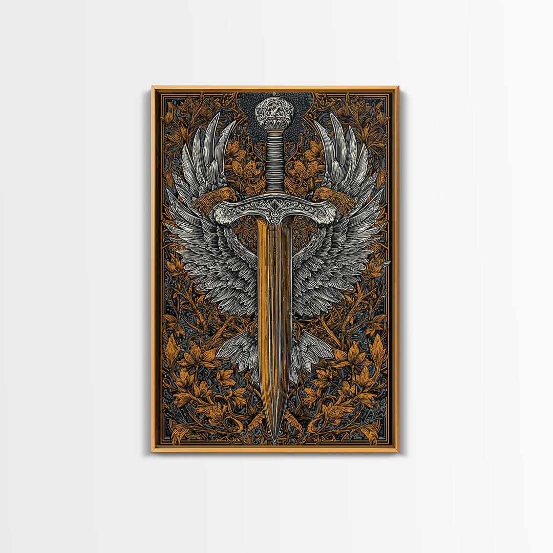 Winged Sword Canvas Gold Canvas Print – Intricate Medieval Blade with Angel Wings Design, Real Wood Frame Wall Art