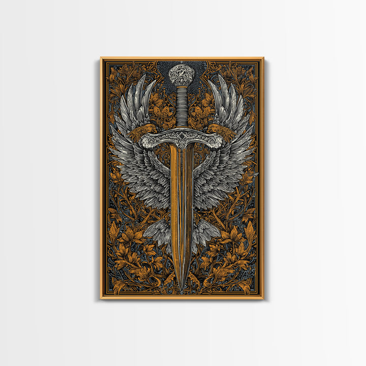 Winged Sword Canvas Gold Canvas Print – Intricate Medieval Blade with Angel Wings Design, Real Wood Frame Wall Art
