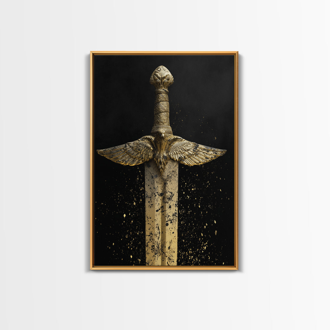 Golden Eagle Sword Canvas Gold Art – Ornate Medieval Blade with Spreading Wings, Real Wood Frame Warrior Home Décor