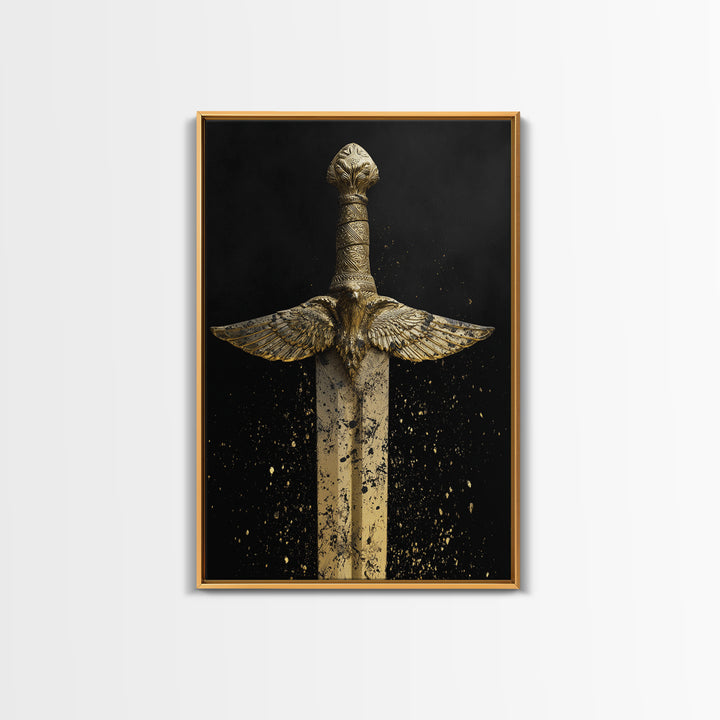 Golden Eagle Sword Canvas Gold Art – Ornate Medieval Blade with Spreading Wings, Real Wood Frame Warrior Home Décor