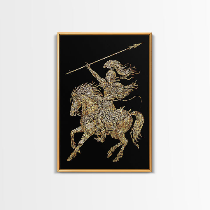 Ancient Warrior on Horseback Canvas Gold Canvas Print – Greek Mythology Spear Rider, Real Wood Frame Classical Wall Art