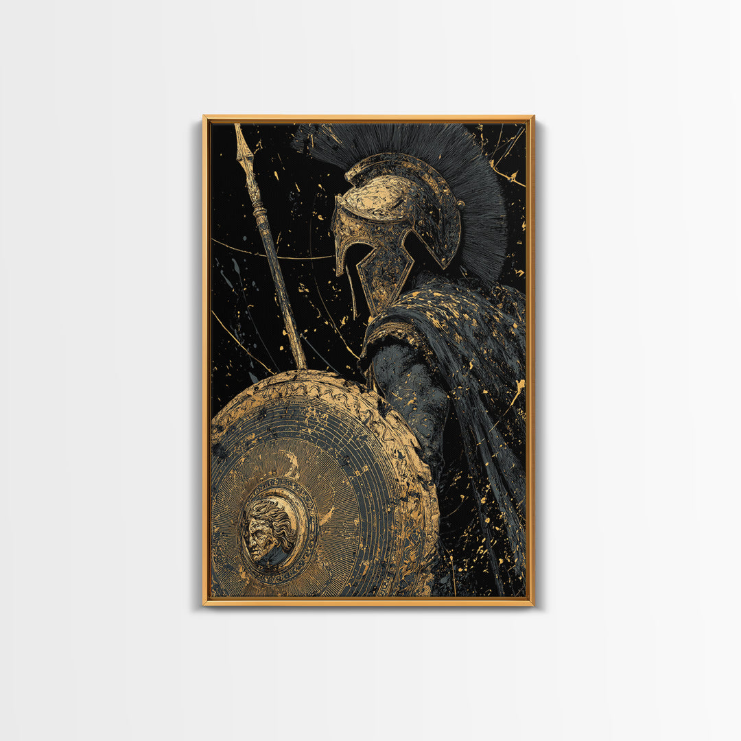 Greek Hoplite Warrior Canvas Gold Art – Spartan Spear and Shield Design, Real Wood Frame Classical Battle Scene Wall Décor