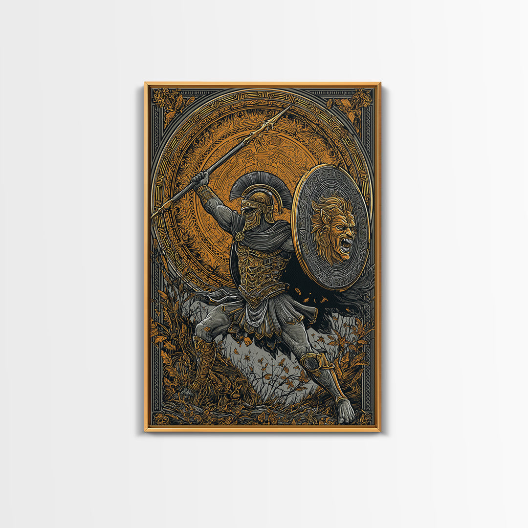 Heroic Spartan Warrior Canvas Gold Canvas Print – Lion Shield and Spear Combat Scene, Real Wood Frame Greek Mythology Art