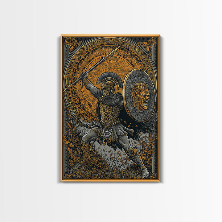 Heroic Spartan Warrior Canvas Gold Canvas Print – Lion Shield and Spear Combat Scene, Real Wood Frame Greek Mythology Art