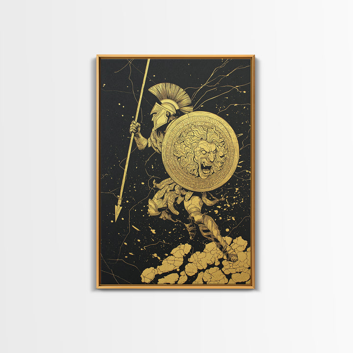 Charging Hoplite Warrior Canvas Gold Art – Greek Spear and Lion Shield Battle Pose, Real Wood Frame Ancient Warrior Wall Art