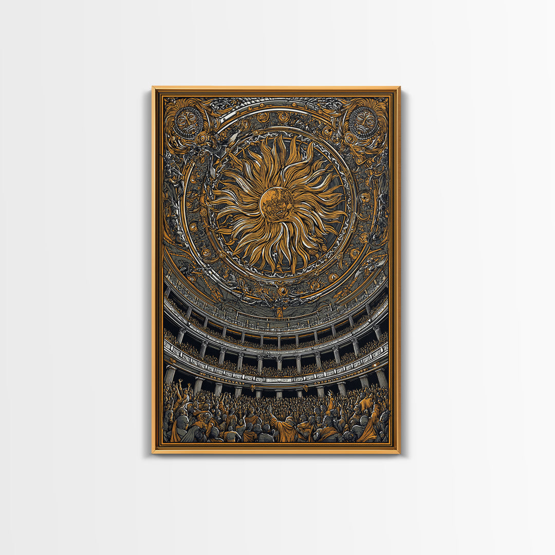 Grand Sun Ceiling Canvas Gold Canvas Print – Ornate Mythological Dome Artwork, Real Wood Frame Classical Architectural Wall Art