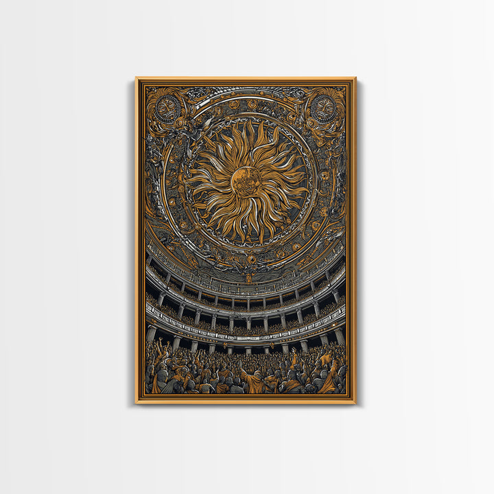 Grand Sun Ceiling Canvas Gold Canvas Print – Ornate Mythological Dome Artwork, Real Wood Frame Classical Architectural Wall Art