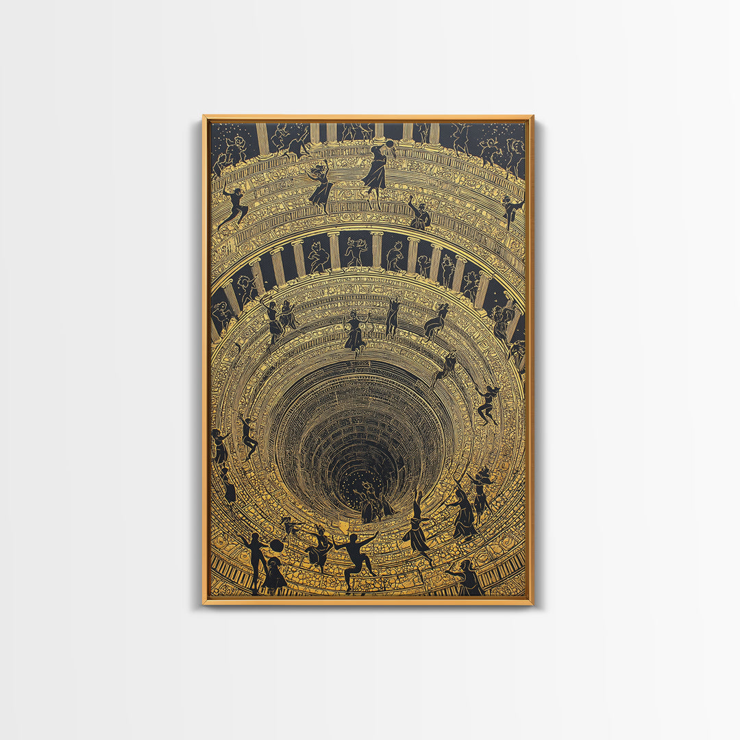 Mythic Underworld Descent Canvas Gold Art – Spiraling Figures in Ancient Pit Design, Real Wood Frame Fantasy Wall Décor