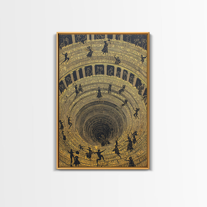 Mythic Underworld Descent Canvas Gold Art – Spiraling Figures in Ancient Pit Design, Real Wood Frame Fantasy Wall Décor