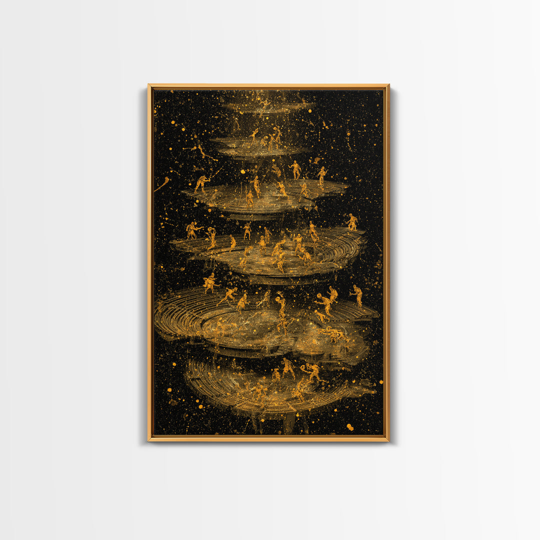 Celestial Battle Layers Canvas Gold Canvas Print – Mythological Figures Across Cosmic Rings, Real Wood Frame Fantasy Art