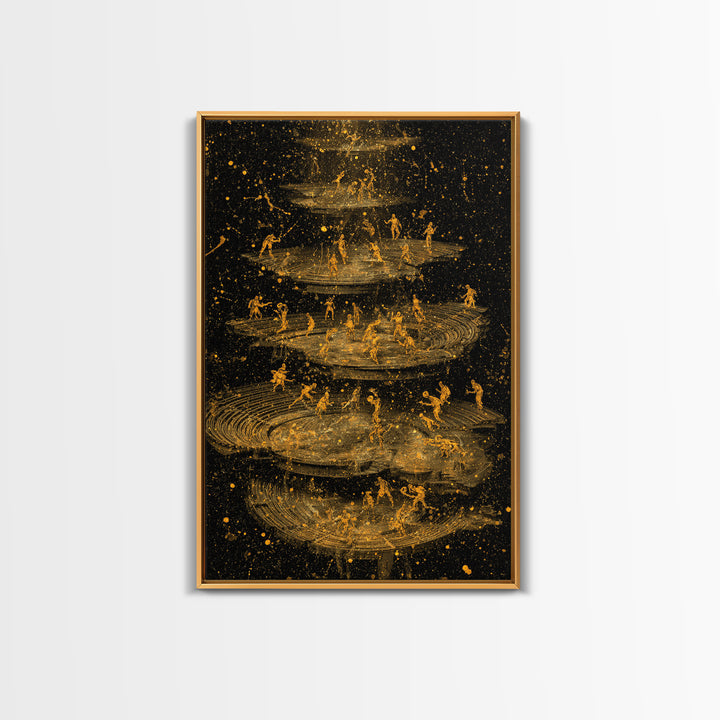 Celestial Battle Layers Canvas Gold Canvas Print – Mythological Figures Across Cosmic Rings, Real Wood Frame Fantasy Art