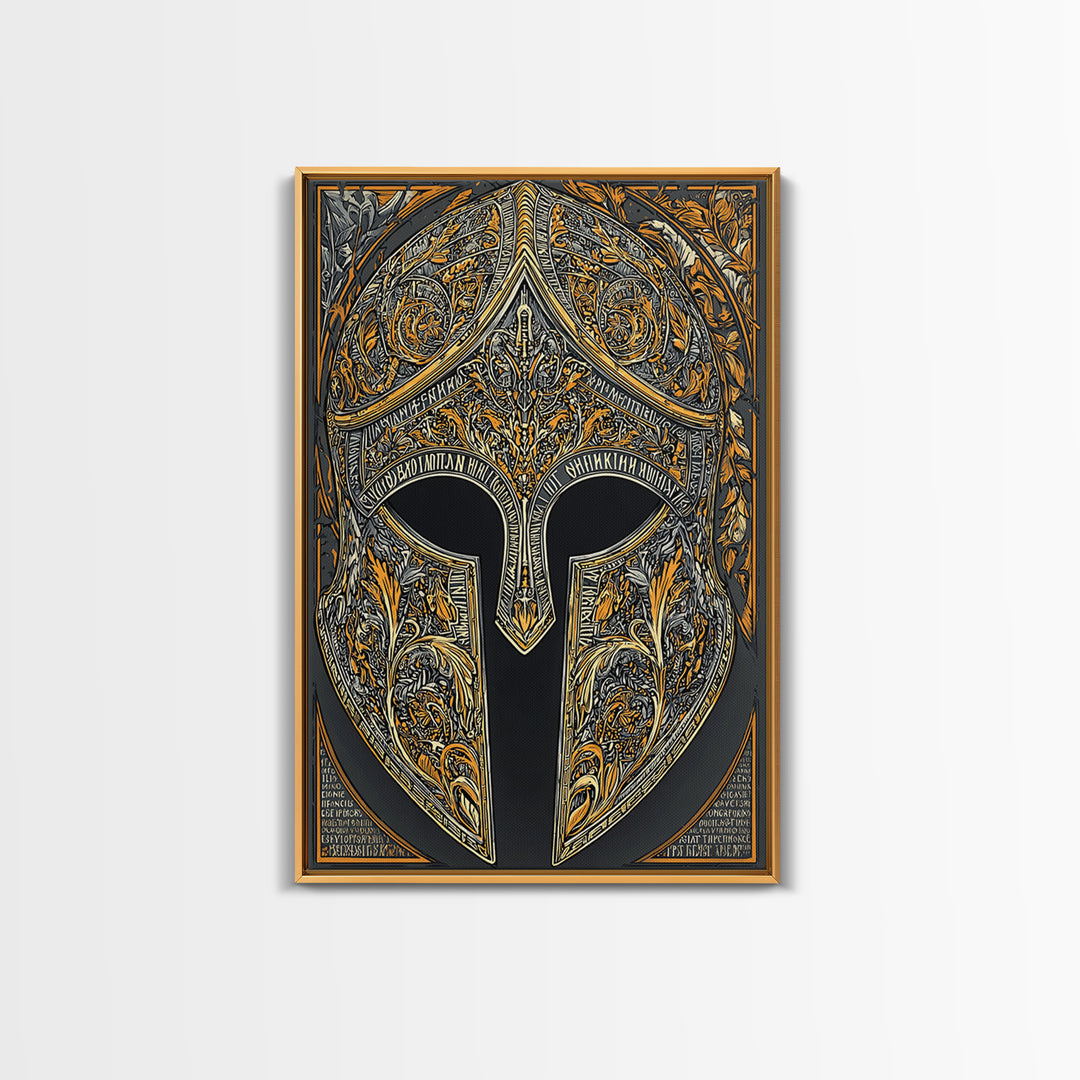 Mythic Greco-Roman Helmet with Ivy and Scrollwork – Canvas Gold Art, Framed Canvas Art with Real Wood, Ancient Battle Decor