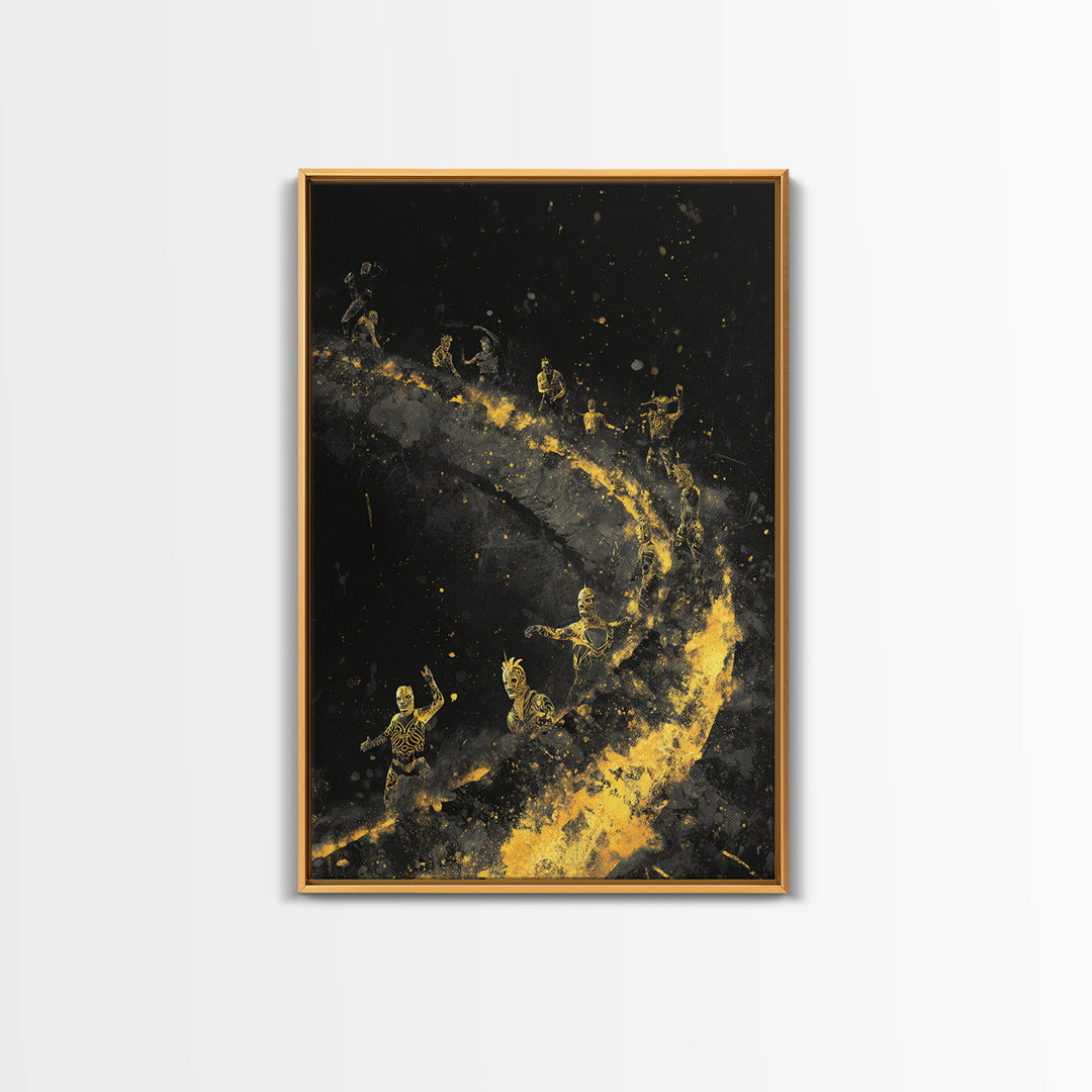 Warriors on Golden Path Canvas Gold Art – Surreal Spiral Battle Scene, Real Wood Frame Mythology Inspired Wall Décor