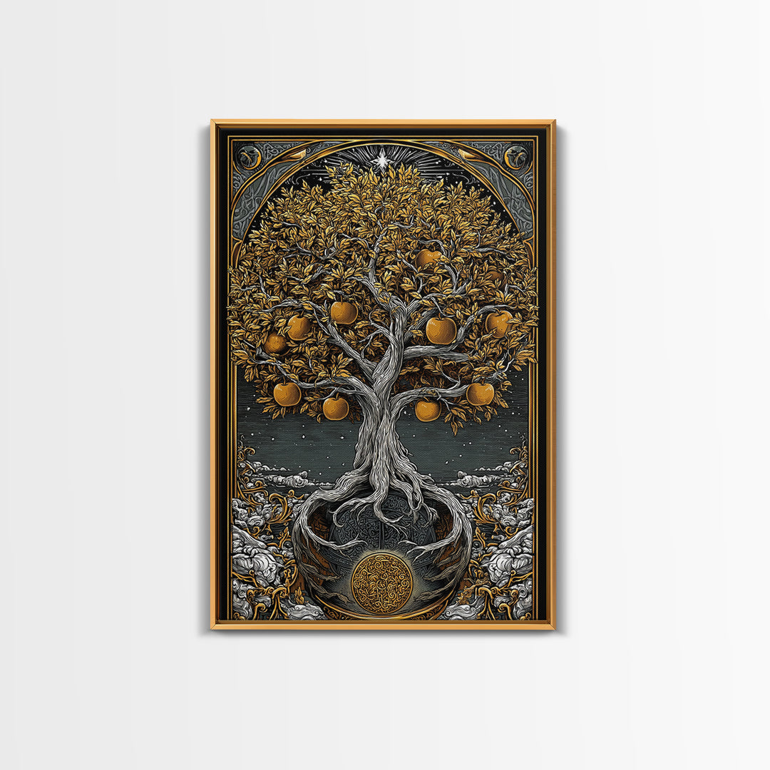 Tree Of Life Artwork, Mythical Golden Tree Wall Art, Canvas Gold Canvas Print, Real Wood Frame, Sacred Symbol Decor