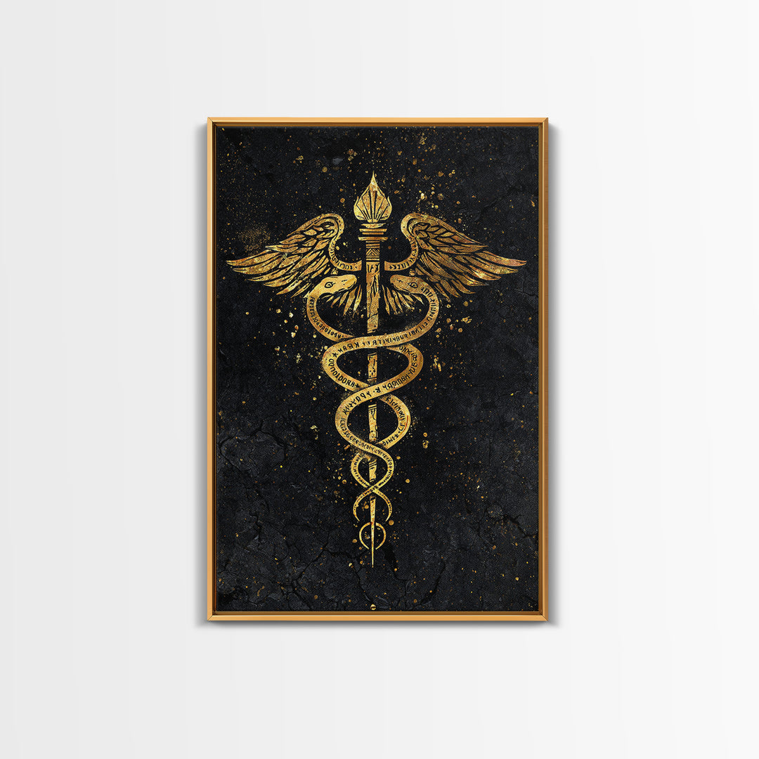 Caduceus Symbol Wall Art, Serpent And Wings Medical Symbol Artwork, Canvas Gold Canvas Print, Real Wood Frame Decor