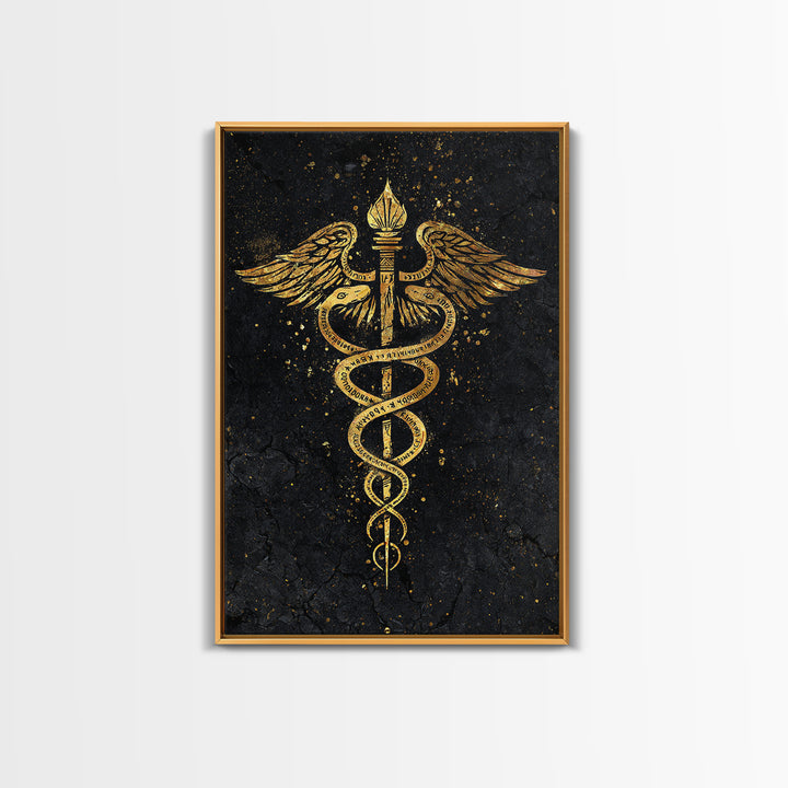 Caduceus Symbol Wall Art, Serpent And Wings Medical Symbol Artwork, Canvas Gold Canvas Print, Real Wood Frame Decor
