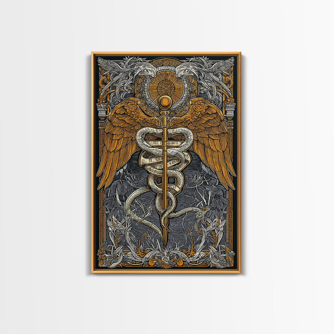 Ornate Medical Symbol Artwork, Caduceus Wall Decor With Wings And Serpents, Canvas Gold Canvas Print, Real Wood Frame