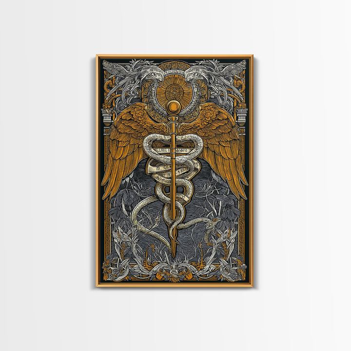 Ornate Medical Symbol Artwork, Caduceus Wall Decor With Wings And Serpents, Canvas Gold Canvas Print, Real Wood Frame