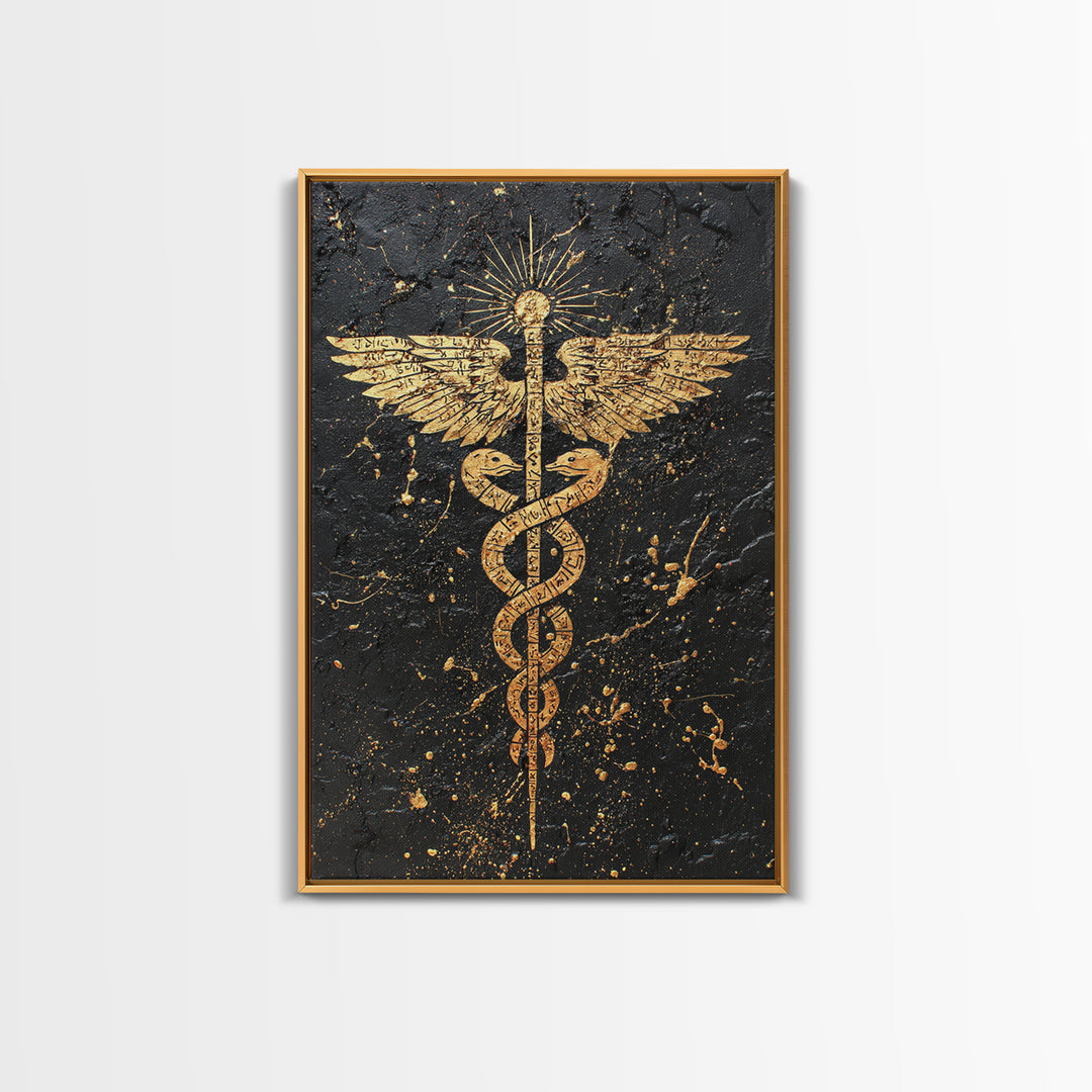 Ancient Caduceus Symbol Art, Golden Serpent And Staff Artwork, Canvas Gold Canvas Print, Real Wood Frame Wall Decor