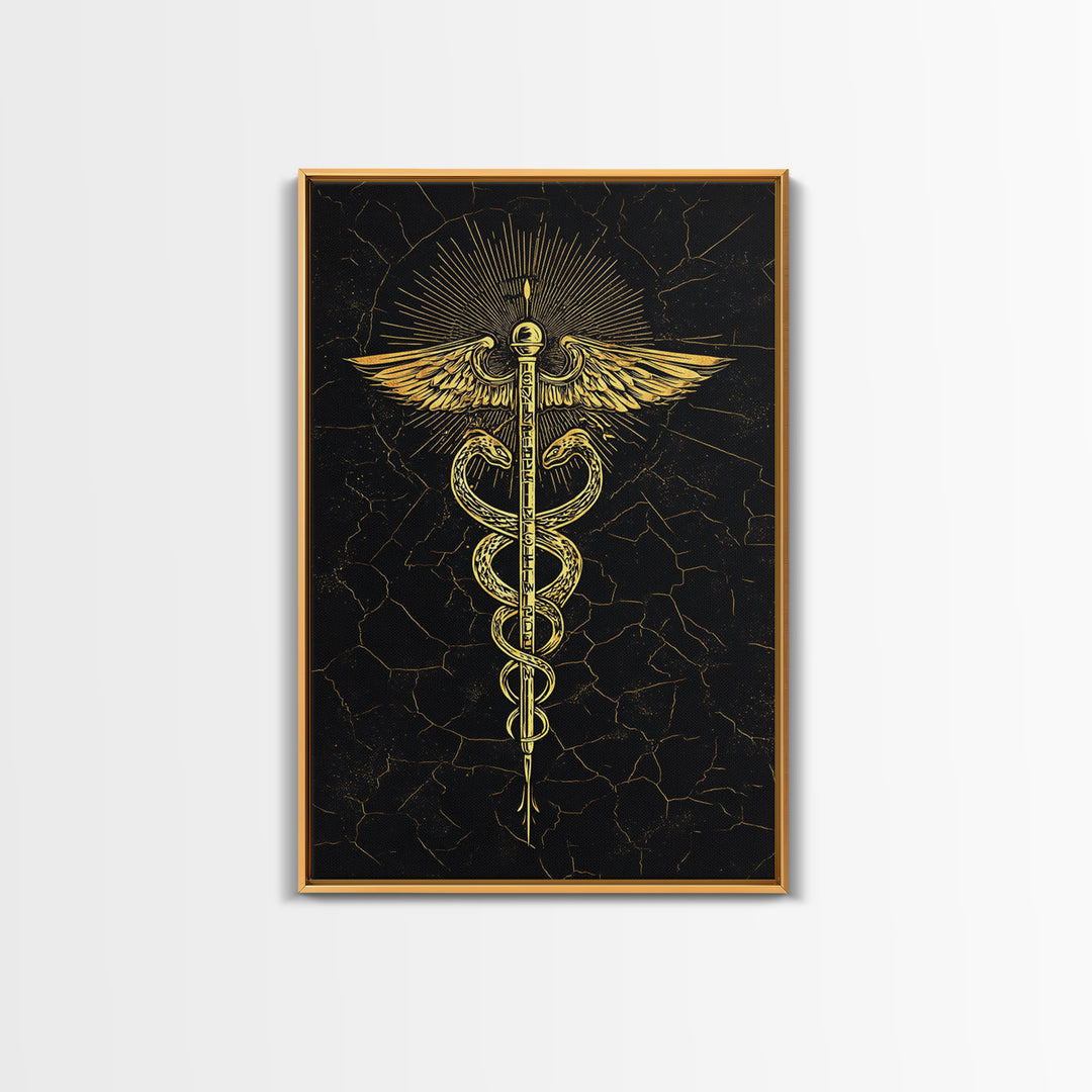 Radiant Caduceus Symbol Wall Art, Serpent And Winged Staff Artwork, Canvas Gold Canvas Print, Real Wood Frame Decor