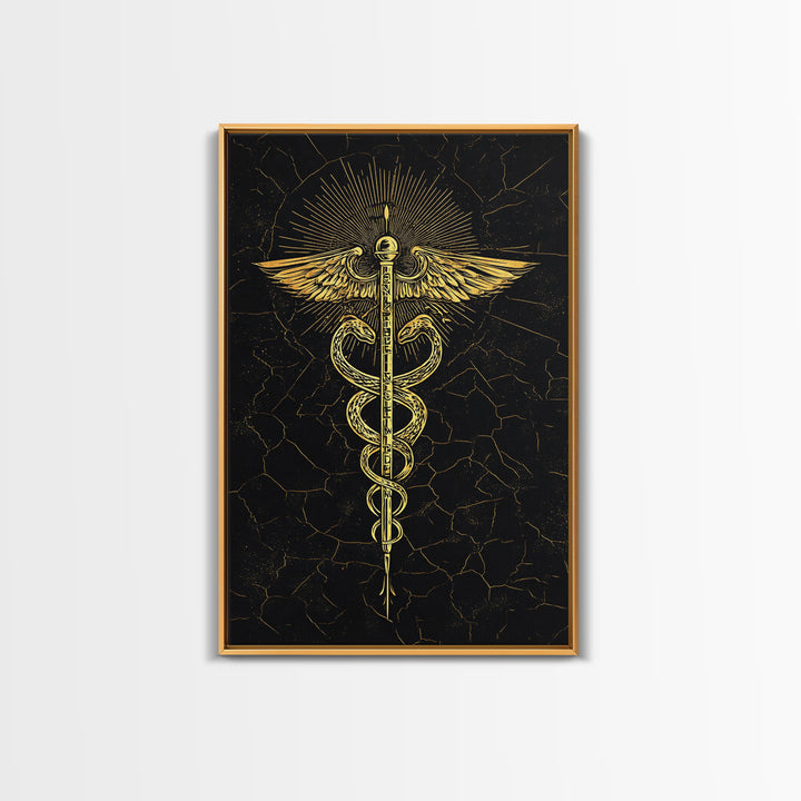 Radiant Caduceus Symbol Wall Art, Serpent And Winged Staff Artwork, Canvas Gold Canvas Print, Real Wood Frame Decor