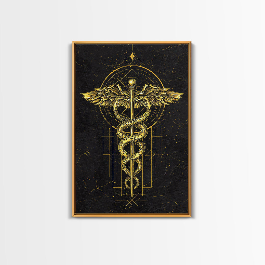 Geometric Caduceus Symbol Artwork, Sacred Serpent And Staff Wall Art, Canvas Gold Canvas Print, Real Wood Frame Decor