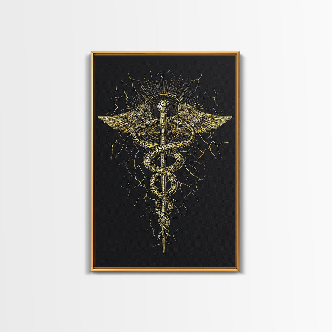 Caduceus Medical Symbol Wall Art, Serpent And Wings Ancient Staff Artwork, Canvas Gold Canvas Print, Real Wood Frame