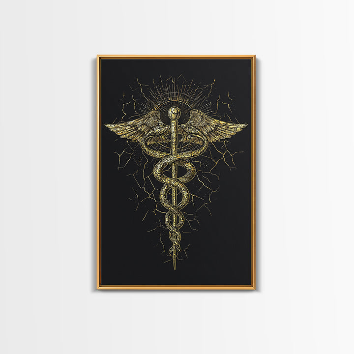 Caduceus Medical Symbol Wall Art, Serpent And Wings Ancient Staff Artwork, Canvas Gold Canvas Print, Real Wood Frame