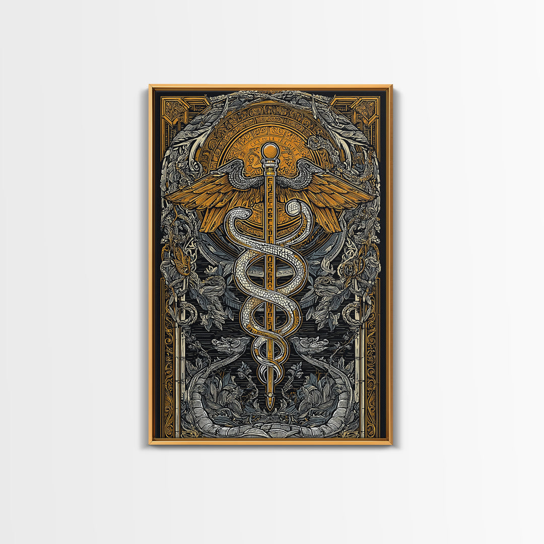 Botanical Caduceus Symbol Artwork, Ornate Serpent And Wings Wall Art, Canvas Gold Canvas Print, Real Wood Frame Decor