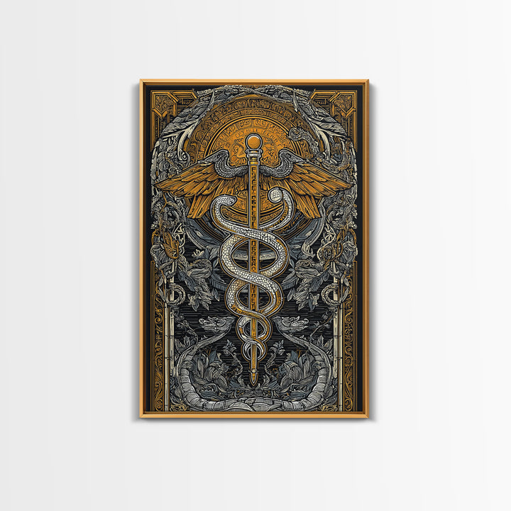 Botanical Caduceus Symbol Artwork, Ornate Serpent And Wings Wall Art, Canvas Gold Canvas Print, Real Wood Frame Decor