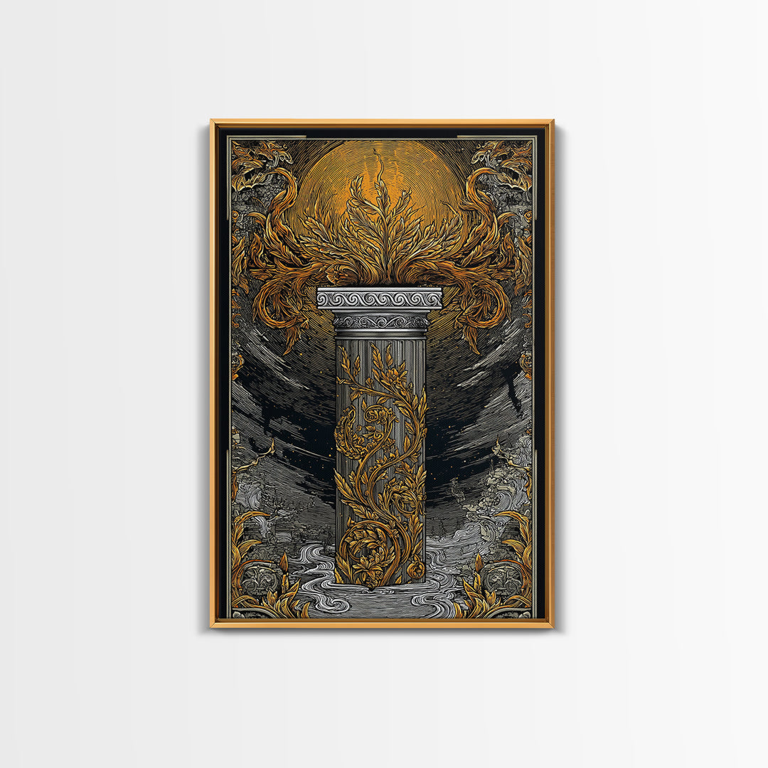 Greek Column Artwork, Mythical Pillar With Golden Flames Wall Art, Canvas Gold Canvas Print, Real Wood Frame Decor