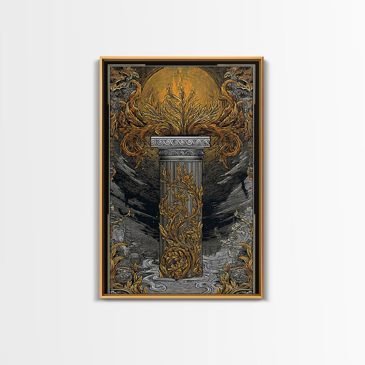 Greek Column Artwork, Mythical Pillar With Golden Flames Wall Art, Canvas Gold Canvas Print, Real Wood Frame Decor