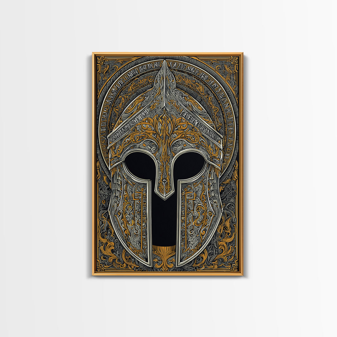 Ornate Bronze and Silver Spartan Helmet Wall Print – Canvas Gold Art, Real Wood Frame Canvas Art, Classical Greek Warrior Decor