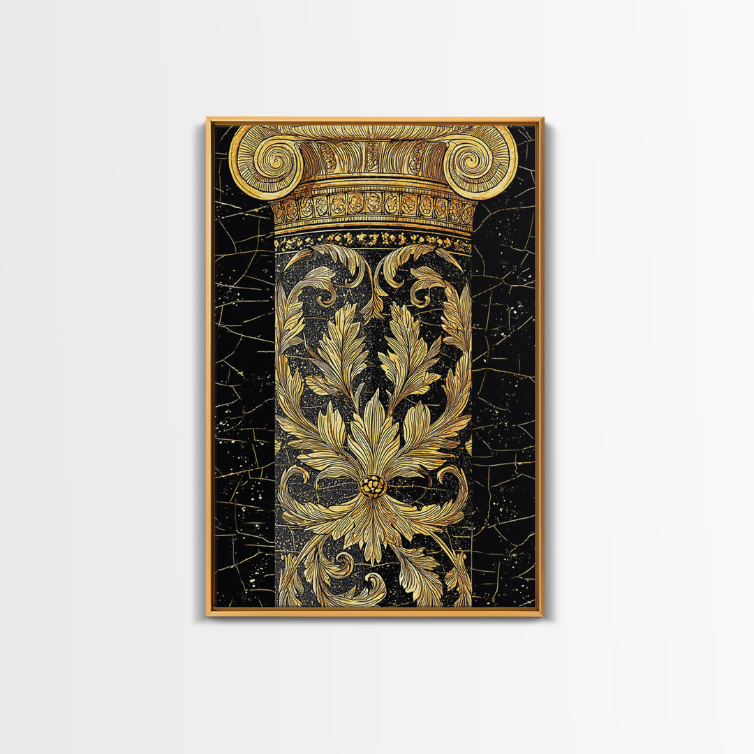 Greek Column Detail Artwork, Ornate Corinthian Pillar Wall Art, Canvas Gold Canvas Print, Real Wood Frame Classic Decor