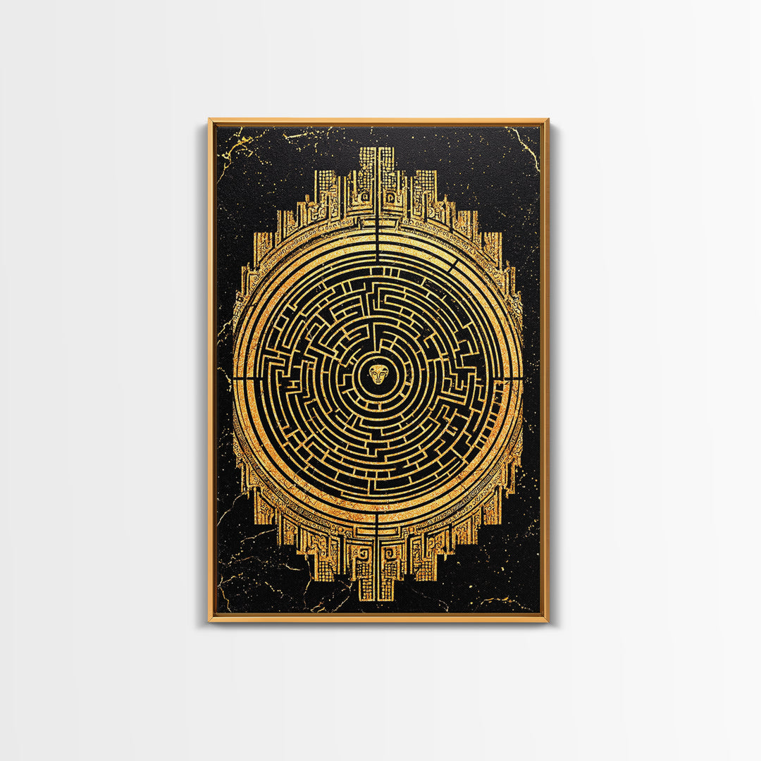 Labyrinth Maze Artwork, Mythical Minotaur Symbol Wall Art, Canvas Gold Canvas Print, Real Wood Frame, Ancient Greek Decor