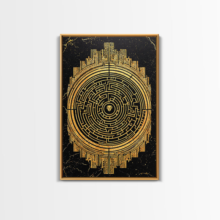 Labyrinth Maze Artwork, Mythical Minotaur Symbol Wall Art, Canvas Gold Canvas Print, Real Wood Frame, Ancient Greek Decor