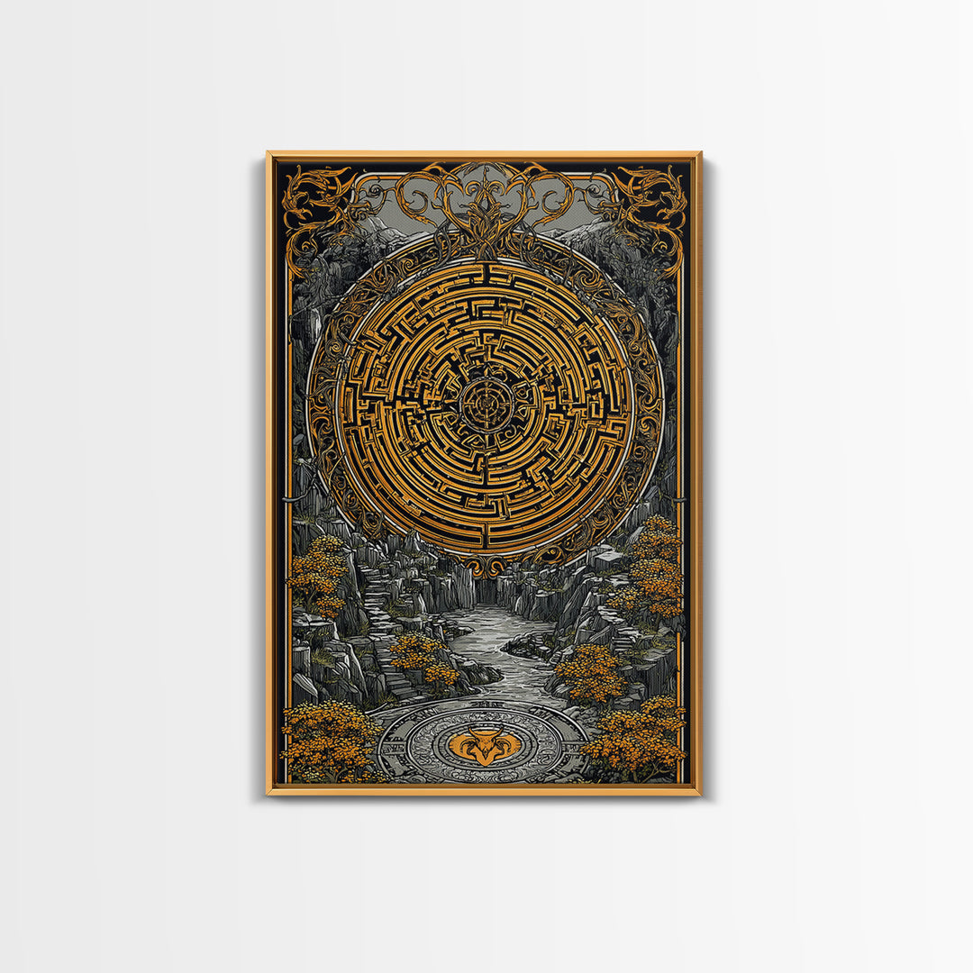 Ancient Maze Artwork, Mystical Labyrinth Symbol Wall Art, Canvas Gold Canvas Print, Real Wood Frame, Mythology Inspired Decor